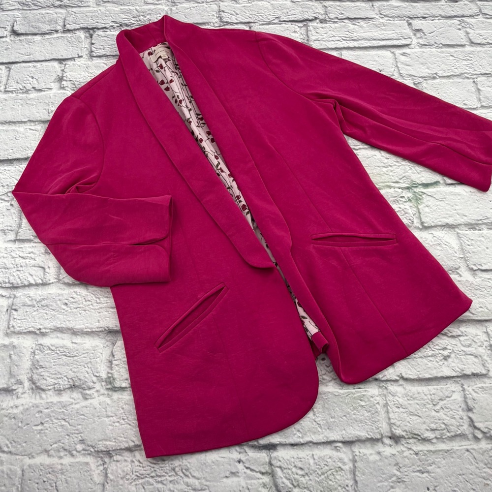Skies Are Blue Womens Hot Pink Knit Open Front Blazer Jacket 3/4 Sleeve Size M